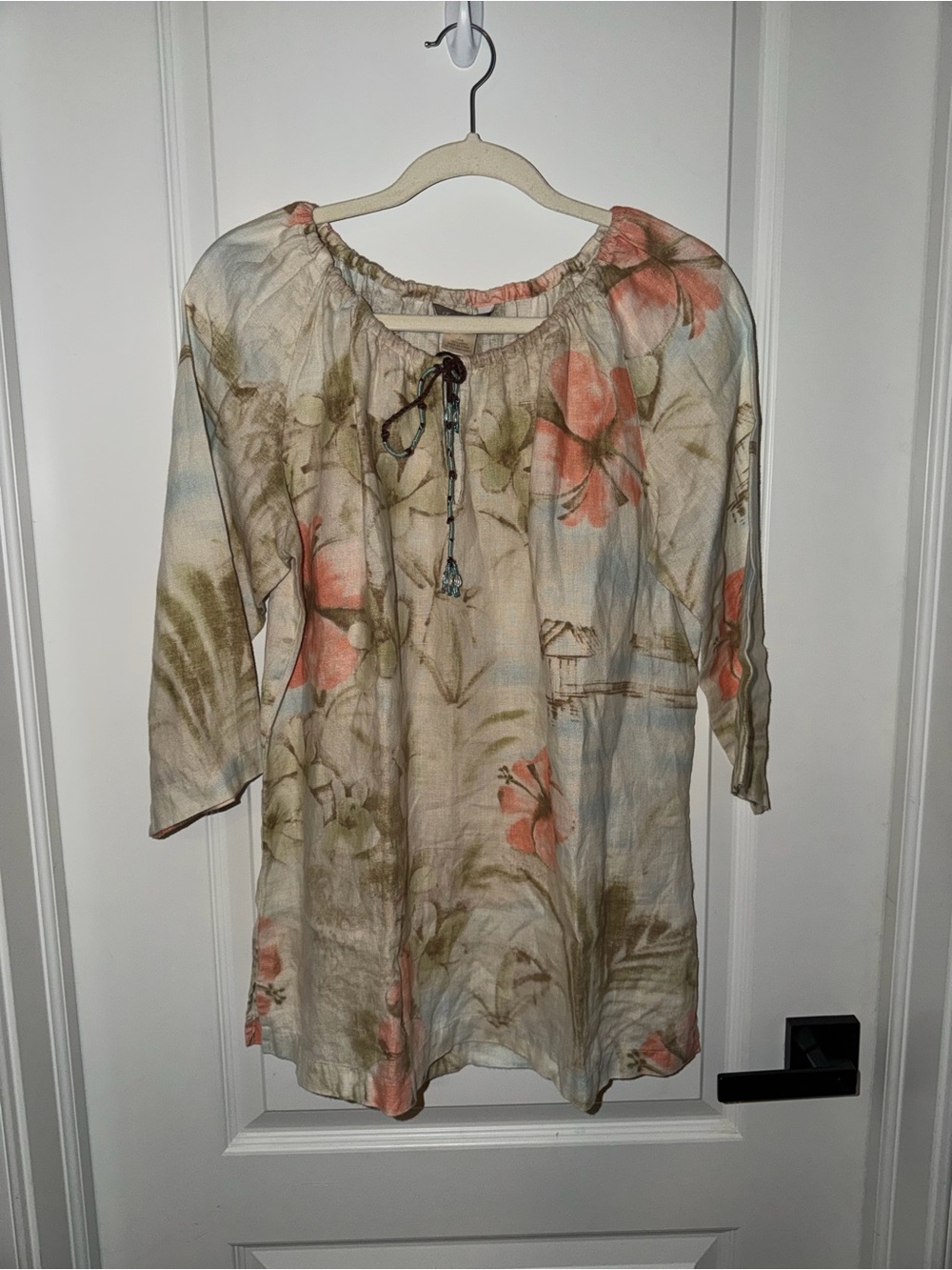 Tommy Bahama Women’s Large Linen Floral Tunic Top Beaded Tie Boho 3/4 Sleeve